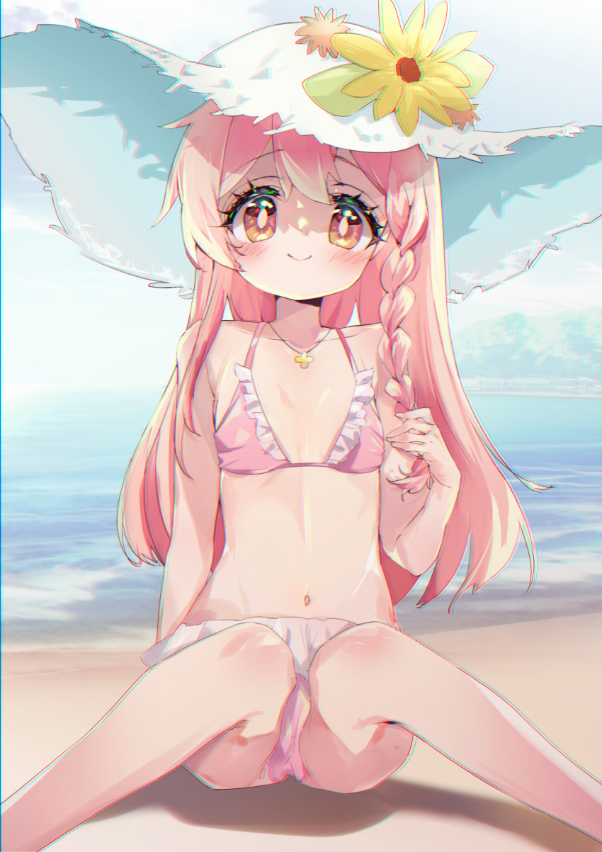 beach, bikini, blush, braid, collarbone, flower, flower_in_hat, genderswap