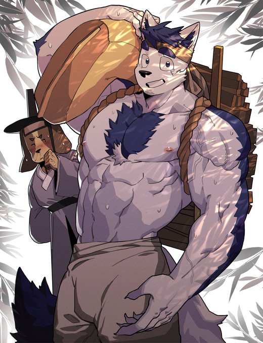 2boys, animal_ear_fluff, animal_ears, bara, bare_pectorals, blue_doggo_(ttn), blue_fur, blue_hair