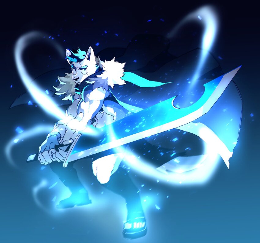 1boy, animal_ear_fluff, animal_ears, aura, bara, blue_cape, blue_doggo_(ttn), blue_fur, blue_hair, blue_theme, cape, dog_boy, dog_ears, fighting_stance, full_body, furry, furry_male, highres, light_particles, male_focus, muscular, muscular_male, original, short_hair, solo, standing, sword, thick_eyebrows, ttn_(239_239), two-handed_sword, two-tone_fur, v-shaped_eyebrows, weapon, white_fur