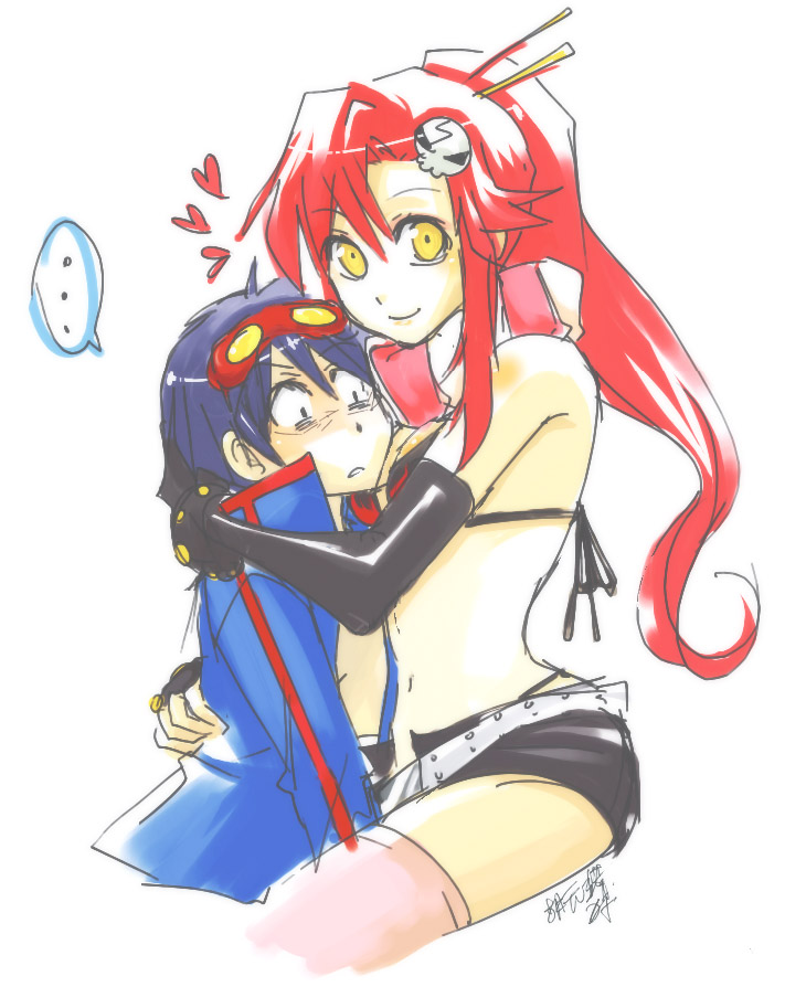 00s, 1boy, 1girl, asymmetrical_gloves, bikini, bikini_top_only, breast_smother, chopsticks