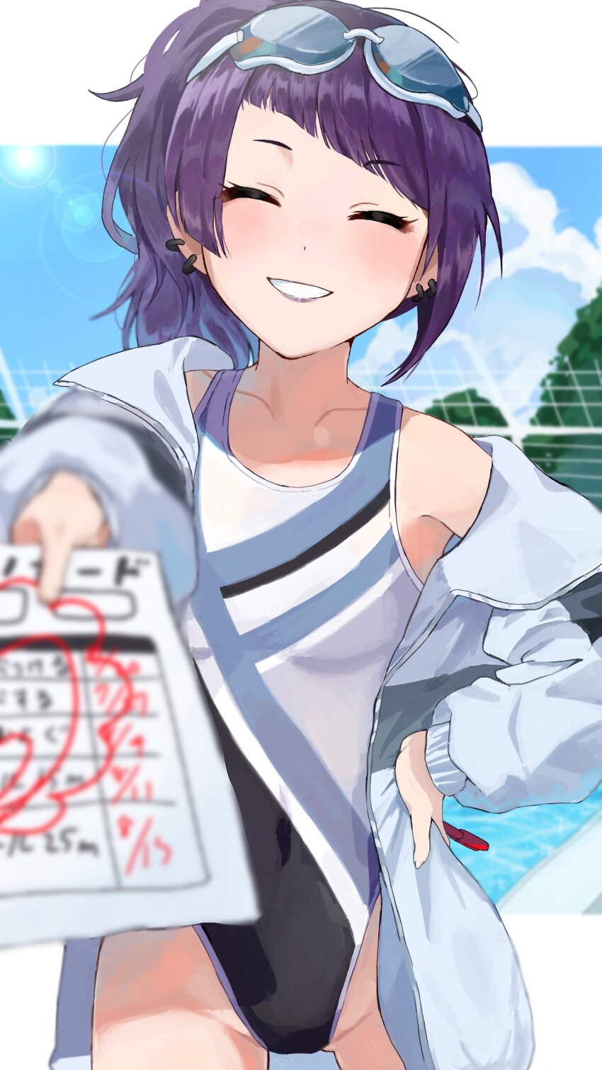 1girl, absurdres, blurry, blurry_background, blurry_foreground, blush, breasts, closed_eyes, collarbone, competition_swimsuit, deibadoo, diagonal_bangs, ear_piercing, eyewear_on_head, facing_viewer, goggles, goggles_on_head, groin, hand_on_own_hip, highres, holding, holding_paper, idolmaster, idolmaster_shiny_colors, jacket, multicolored_swimsuit, one-piece_swimsuit, open_clothes, open_jacket, paper, piercing, ponytail, purple_hair, small_breasts, smile, solo, swimsuit, tanaka_mamimi, upper_body, white_jacket