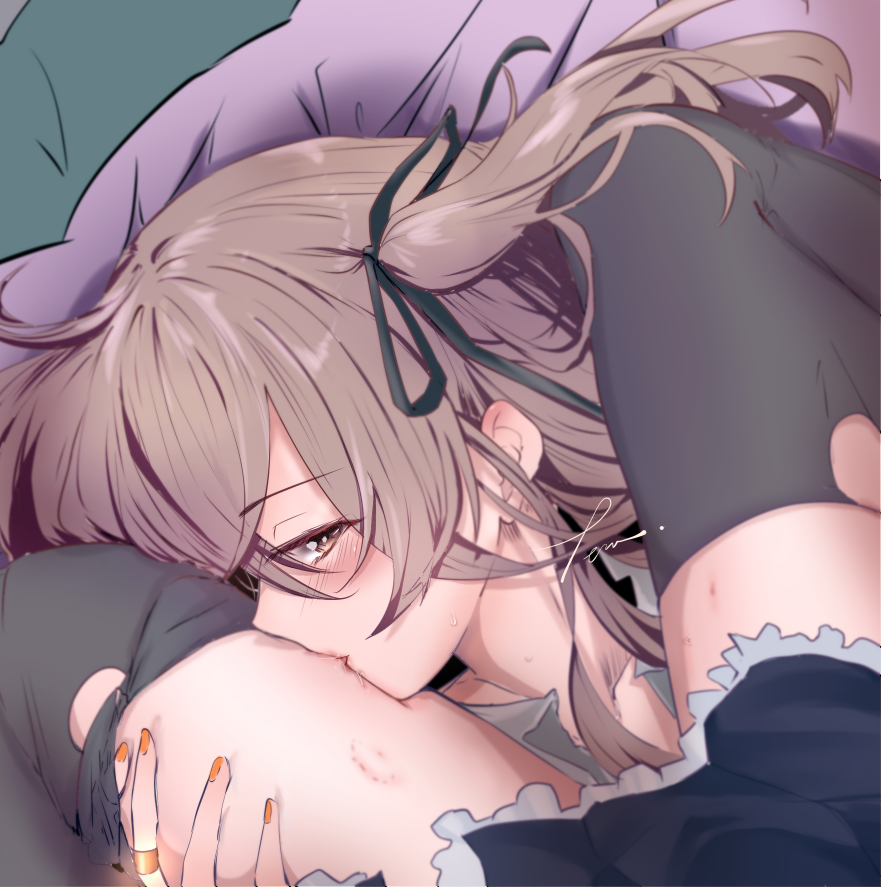 2girls, assault_lily, bite_mark, blush, brown_eyes, brown_hair, female_pov, jewelry, kiss, kissing_leg, kuo_shenlin, long_hair, looking_at_viewer, multiple_girls, nail_polish, pov, ring, solo_focus, thighhighs, thighs, wang_yujia, yuri