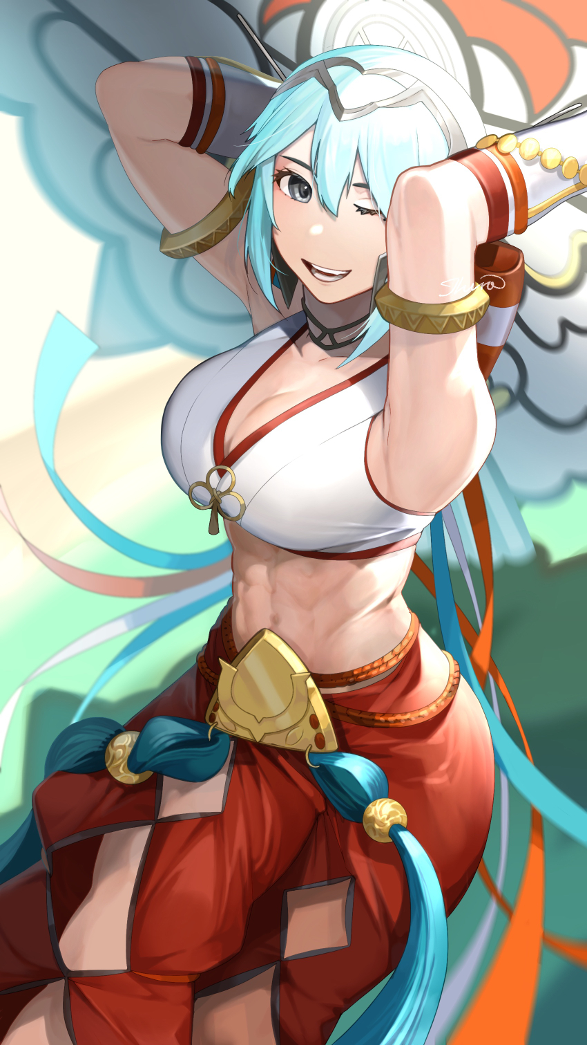 1girl, abs, absurdres, armlet, arms_behind_head, baggy_pants, blurry, blurry_background