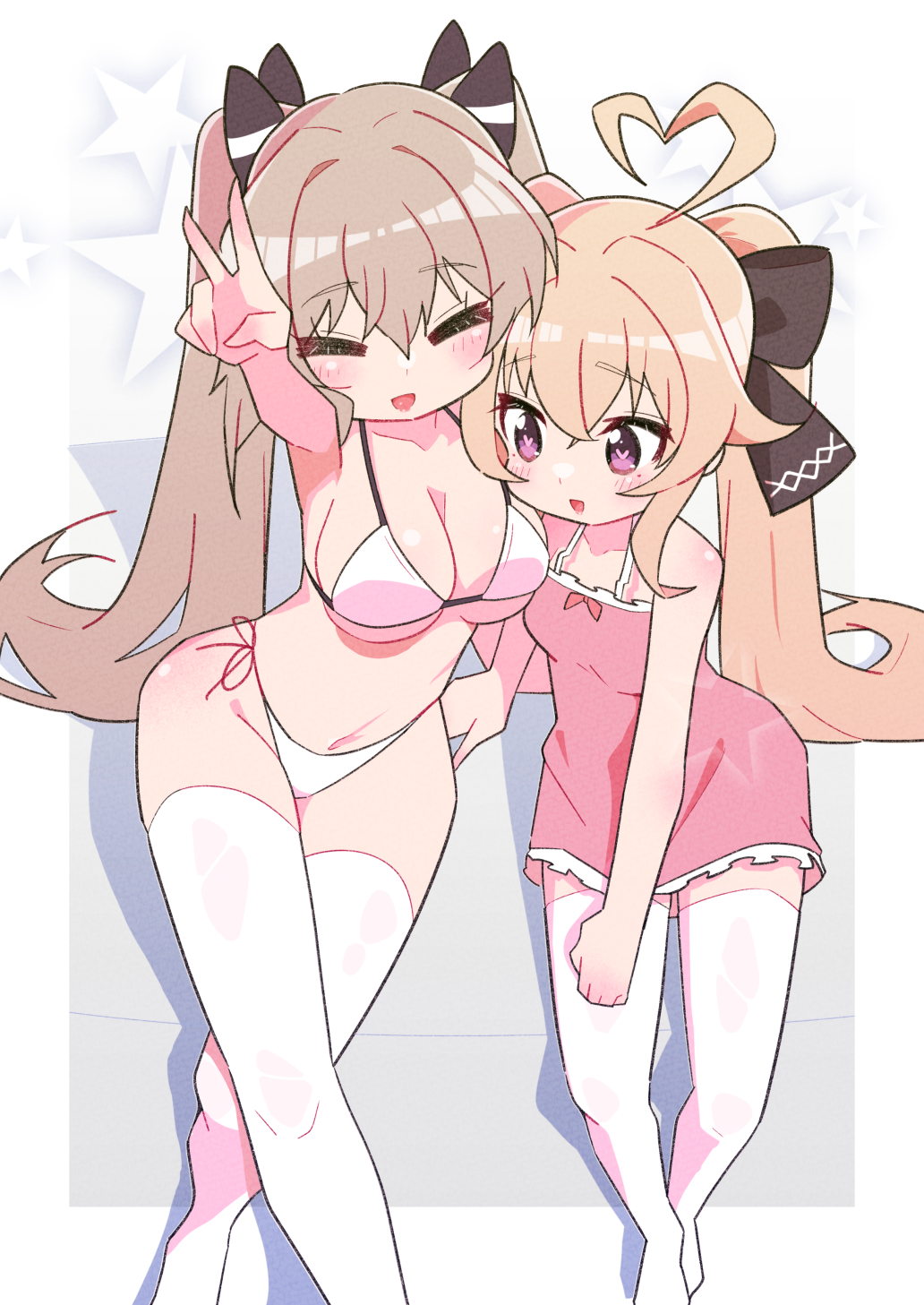 2girls, ahoge, aly_(eshikidori), anchorage_(azur_lane), anchorage_(dolphins_and_swim_lessons)_(azur_lane), arm_up, armpits, attilio_regolo_(azur_lane), attilio_regolo_(castle_of_inspiration)_(azur_lane), azur_lane, bare_shoulders, bikini, black_ribbon, border, breasts, camisole, closed_eyes, hair_ribbon, heart, heart-shaped_pupils, heart_ahoge, highres, large_breasts, light_brown_hair, long_hair, mole, mole_under_eye, multiple_girls, official_alternate_costume, open_mouth, outside_border, pink_camisole, purple_eyes, ribbon, side-tie_bikini_bottom, smile, star_(symbol), swimsuit, symbol-shaped_pupils, thighhighs, twintails, v, very_long_hair, white_bikini, white_border, white_thighhighs