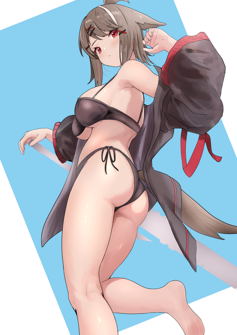 1girl, animal_ears, arknights, armpits, ass, bare_legs, bare_shoulders, barefoot