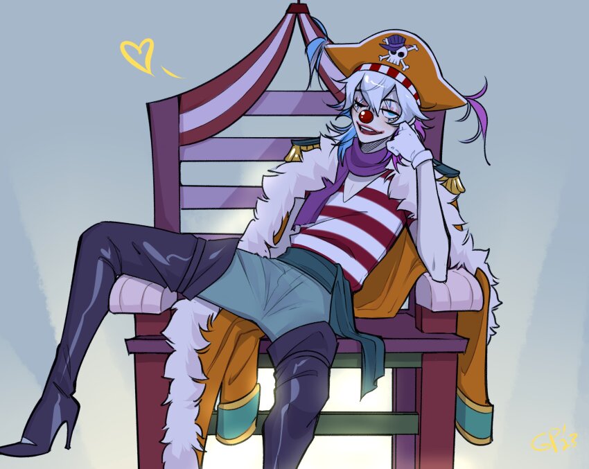 1boy, blue_eyes, blue_hair, boots, buggy_the_clown, buggy_the_clown_(cosplay), chair, clown, clown_nose, cosplay, crossover, eyeshadow, gavis_bettel, gigglepox, gloves, green_sash, hair_between_eyes, hat, heart, highres, holostars, holostars_english, leaning, lipstick, makeup, male_focus, medium_hair, multicolored_hair, on_chair, one_eye_closed, one_piece, pink_eyeshadow, pink_hair, pirate_hat, purple_scarf, sash, scarf, shirt, simple_background, sitting, solo, spread_legs, striped_clothes, striped_shirt, thigh_boots, virtual_youtuber, white_gloves, white_hair