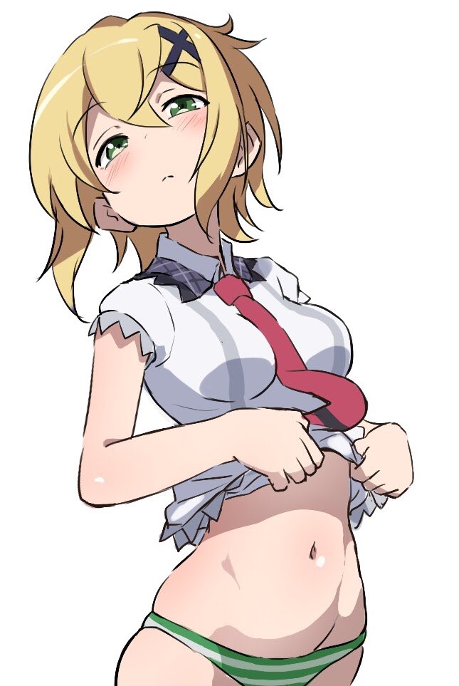 1girl, akatsuki_kirika, blonde_hair, blush, chupirinko, commentary_request, green_eyes, hair_ornament