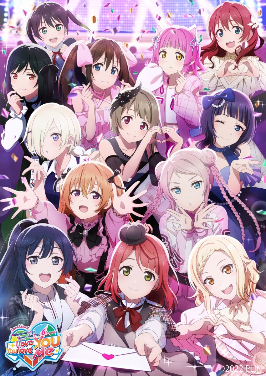 5201314_(love_live!), 6+girls, absurdres, ahoge, animal_ears, artist_request, asaka_karin, asymmetrical_hair, azuna_(love_live!), black_hair, blonde_hair, blue_eyes, blue_hair, blunt_bangs, blunt_ends, bob_cut, bow, braid, brown_hair, cat_ears, cherry_bomb_(love_live!), commentary_request, diverdiva, double_bun, dress, earclip, emma_verde, fang, female_focus, finger_heart, fly_with_you!!, freckles, frills, gradient_hair, green_eyes, green_hair, grey_eyes, hair_bow, hair_bun, hair_ornament, hair_over_one_eye, hair_ribbon, half_updo, heart, heart_hands, highres, konoe_kanata, koufukuron_(love_live!), long_braid, long_hair, looking_at_viewer, love_live!, love_live!_nijigasaki_high_school_idol_club, medium_hair, mia_taylor, mifune_shioriko, miyashita_ai, mole, mole_under_eye, multicolored_hair, multiple_braids, multiple_girls, my_shadow_(love_live!), nakasu_kasumi, official_alternate_costume, official_alternate_hairstyle, official_art, one_eye_covered, orange_eyes, orange_hair, osaka_shizuku, pink_hair, plaid_clothes, plaid_dress, plaid_shawl, plaid_shirt, ponytail, purple_eyes, qu4rtz_(love_live!), r3birth_(love_live!), red_eyes, request_for_u, ribbon, senobi_shitatte, shawl, shirt, short_hair, stage, swept_bangs, takasaki_yu, tennoji_rina, twintails, two-tone_hair, two_side_up, uehara_ayumu, walking_dream, watashi_wa_magnet, wavy_hair, yuki_setsuna, zhong_lanzhu