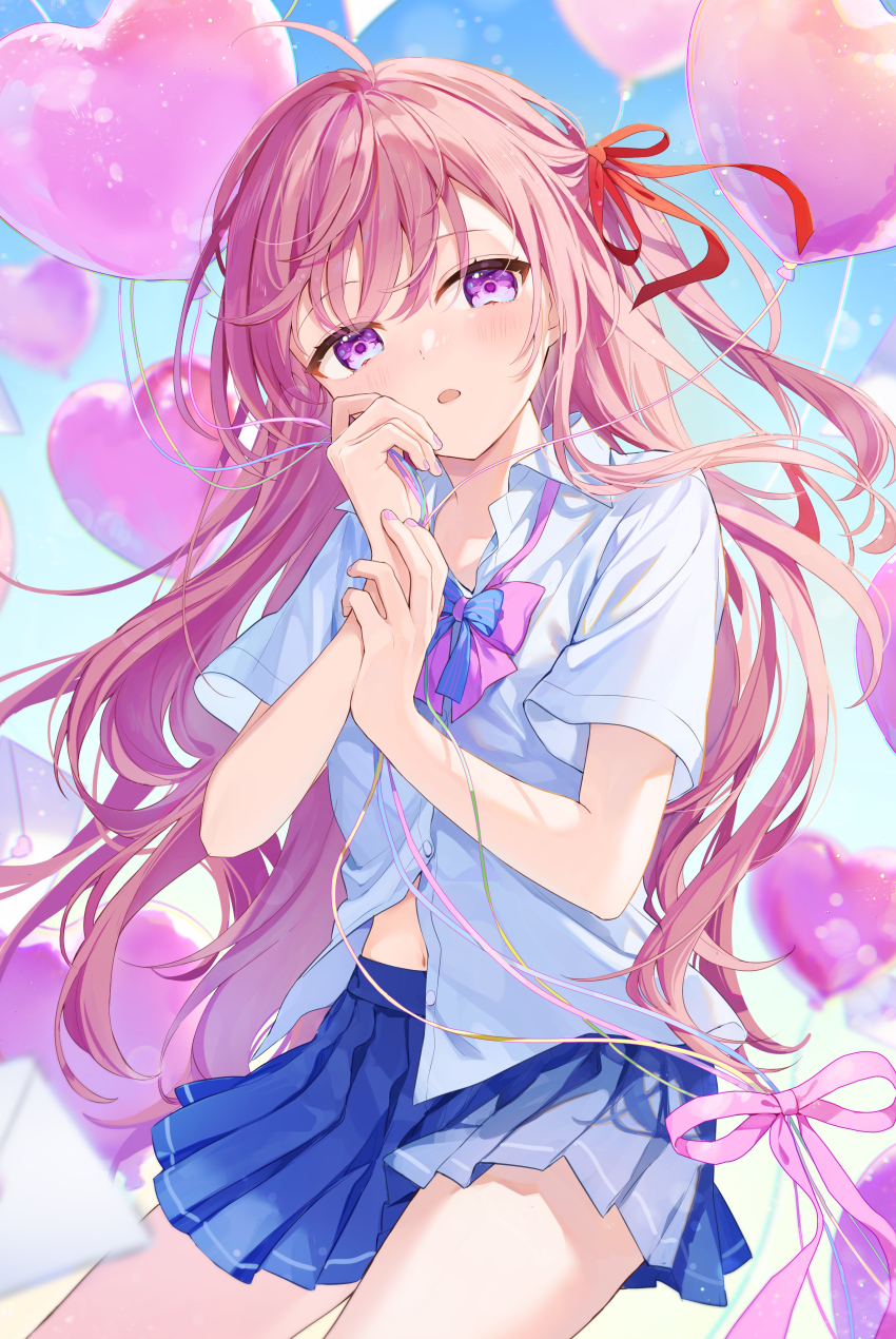 1girl, absurdres, balloon, blue_shirt, blue_skirt, collared_shirt, d:, day