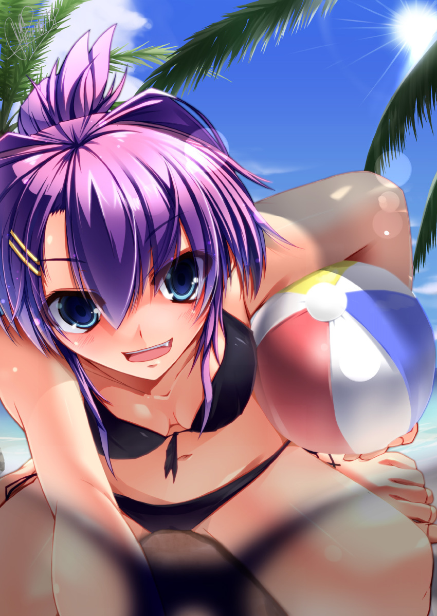 1girl, ball, beach, beachball, bikini, blue_eyes, day, fang