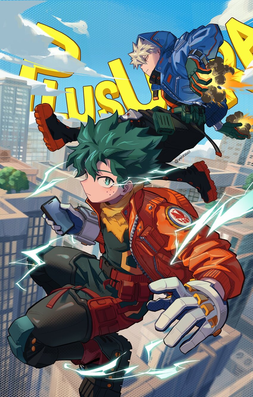 2boys, bakugou_katsuki, blonde_hair, blue_jacket, boku_no_hero_academia, building, cellphone, city