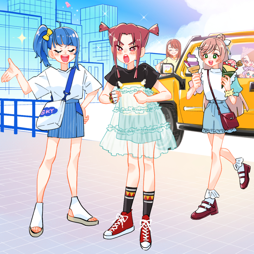 5girls, :d, asymmetrical_bangs, bag, beryberie, black_shirt, black_socks, blue_hair, blue_skirt, blue_sky, blush, bobby_socks, bow, brown_eyes, brown_hair, building, carrying, casual, clenched_hands, closed_eyes, cloud, cloudy_sky, commentary, cut_bangs, day, denim, denim_skirt, ellee-chan, english_text, food, frilled_skirt, frills, frown, gesture, gloves, green_eyes, hair_bow, hair_bun, hair_ribbon, hand_on_own_hip, handbag, high-waist_skirt, hijiri_ageha, hirogaru_sky!_precure, holding, holding_food, hummer_h3, ice_cream_cone, jewelry, long_hair, mary_janes, medium_hair, medium_skirt, miniskirt, multiple_girls, necklace, nijigaoka_mashiro, open_mouth, orange_hair, outdoors, parfait, pink_hair, precure, print_shirt, print_socks, red_eyes, red_footwear, ribbon, sandals, see-through_clothes, see-through_skirt, shirt, shoes, short_hair, short_sleeves, short_twintails, side_ponytail, sidelocks, single_glove, single_sidelock, skirt, sky, smile, sneakers, socks, sora_harewataru, sparkle, standing, star_twinkle_precure, striped_clothes, striped_skirt, swept_bangs, t-shirt, ton_(ton39342104), twintails, vertical-striped_clothes, vertical-striped_skirt, walking, white_bow, white_footwear, white_gloves, white_shirt, white_socks, yellow_ribbon, yellow_shirt, yuunagi_tsubasa