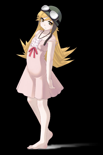 1girl, bakemonogatari, bare_shoulders, barefoot, blonde_hair, dress, female_focus, flat_chest