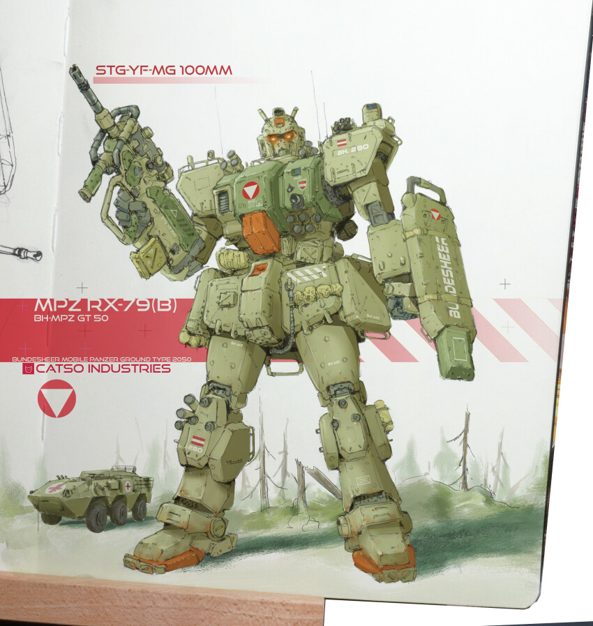 absurdres, arm_shield, armored_personnel_carrier, armored_vehicle, assault_rifle, bare_tree, bullpup, clenched_hand