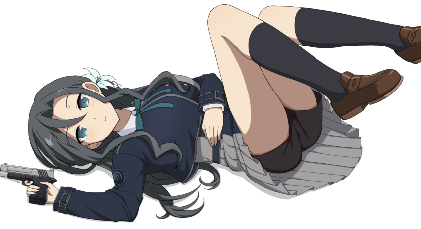 1girl, belt, black_hair, black_socks, blue_belt, blue_eyes, boxers, cosplay