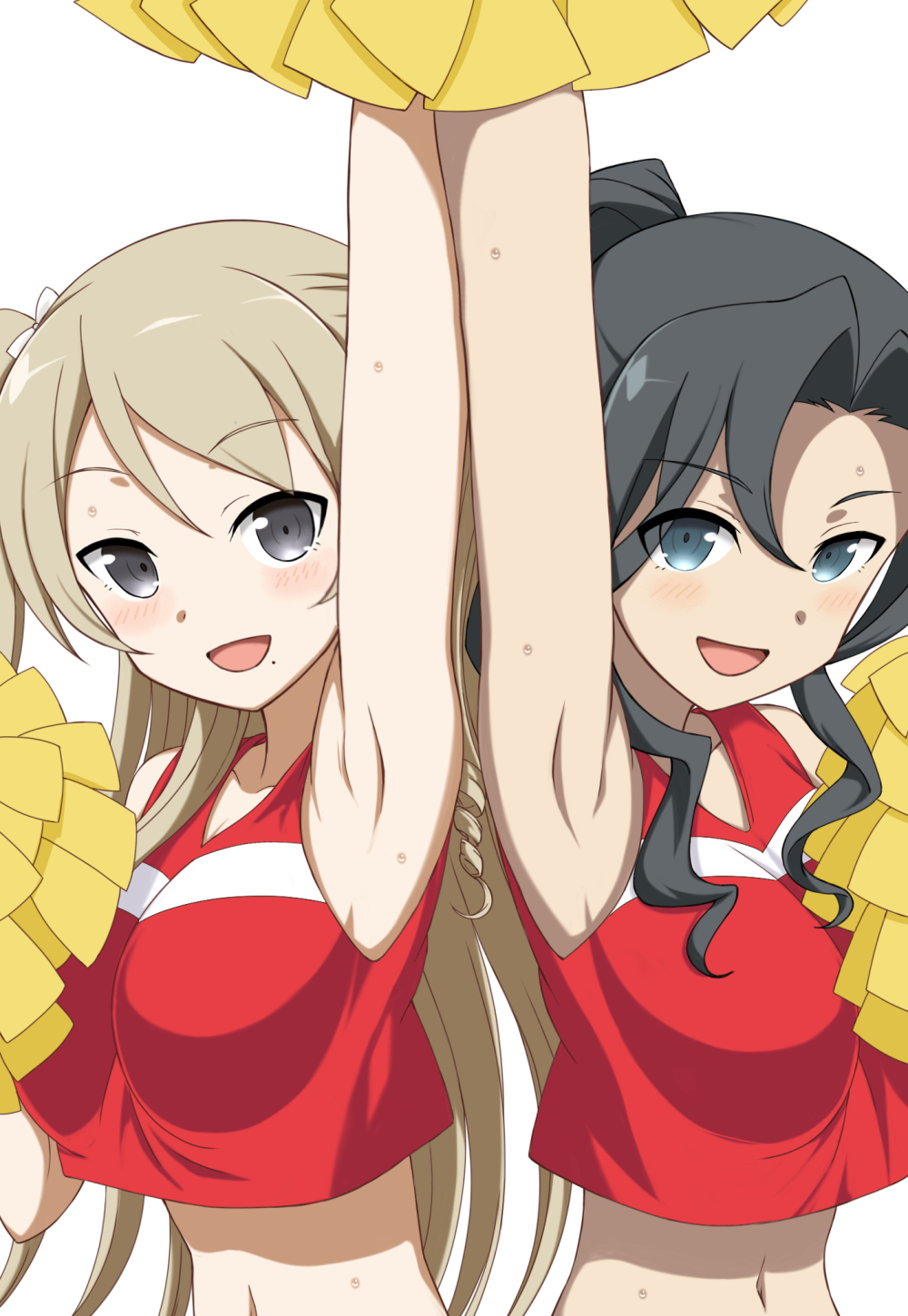 2girls, :d, arm_up, armpits, black_hair, blonde_hair, blue_eyes, bow