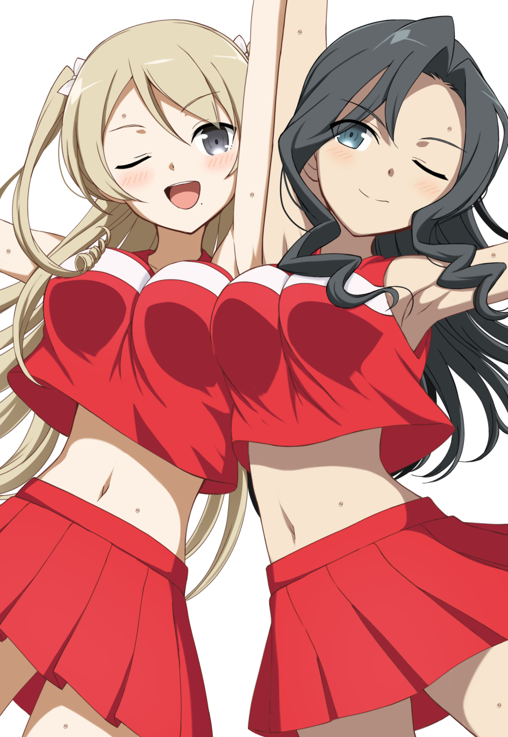 2girls, ;), ;d, arm_up, armpits, black_hair, blonde_hair, blue_eyes