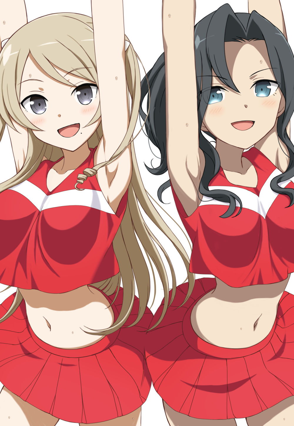 2girls, :d, armpits, arms_up, black_hair, blonde_hair, blue_eyes, breasts