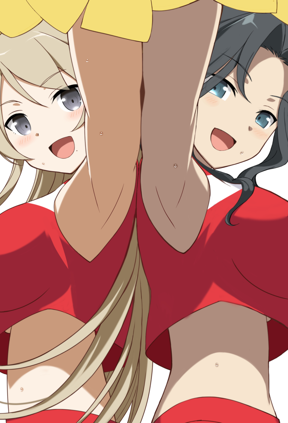 2girls, :d, armpits, black_hair, blonde_hair, blue_eyes, cheerleader, grey_eyes