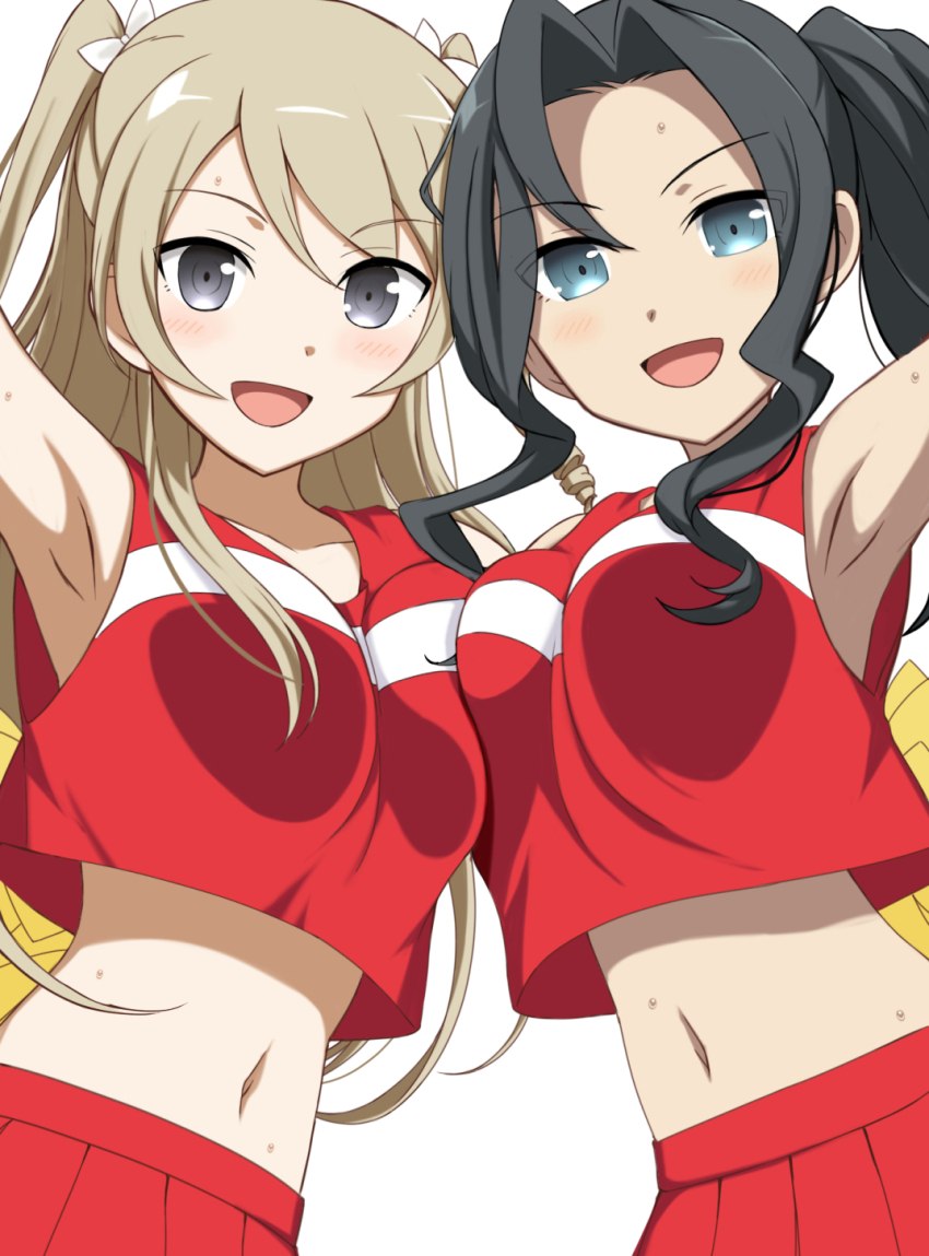 2girls, :d, arm_up, armpits, black_hair, blonde_hair, blue_eyes, bow