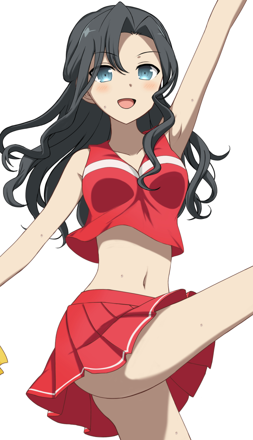 1girl, :d, arm_up, armpits, black_hair, blue_hair, breasts, cheerleader