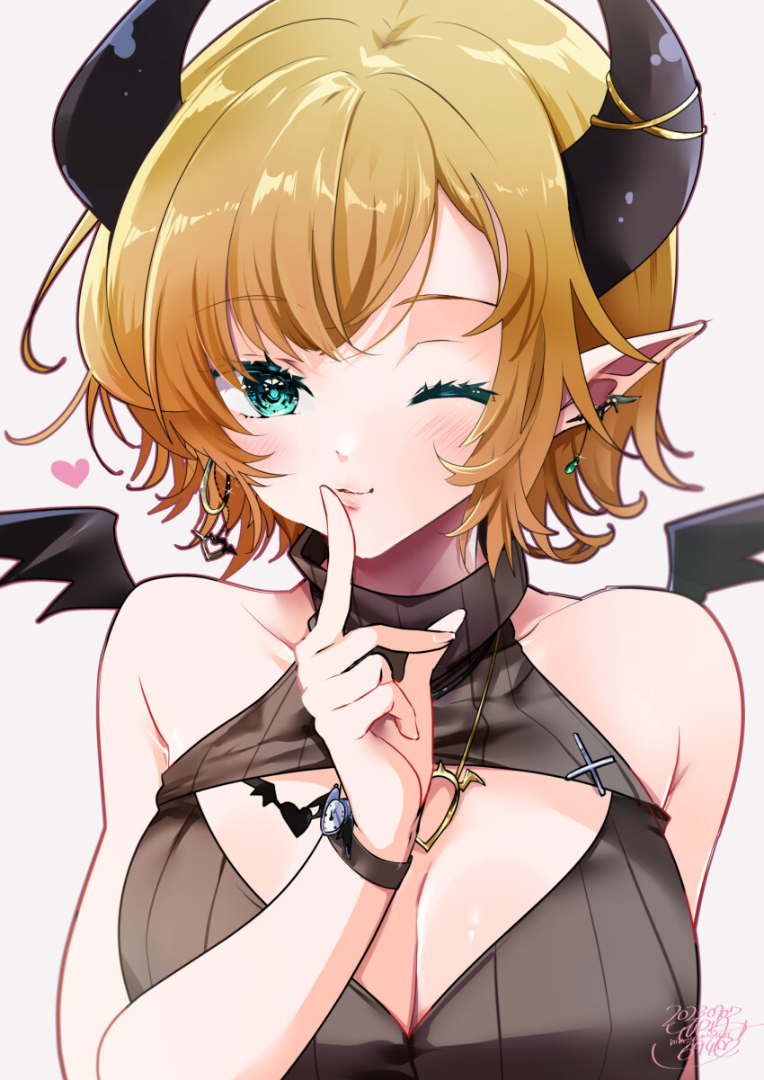 1girl, bat_tattoo, black_sweater, blonde_hair, blue_eyes, blush, breast_tattoo, breasts