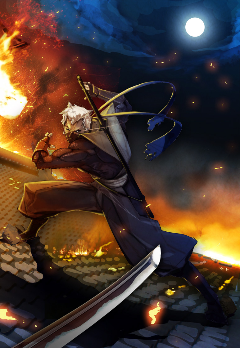 1boy, acquire, battle, blade, fingerless_gloves, fire, fromsoftware, gloves, half_mask, hide_(hideout), japanese_clothes, katana, male_focus, mask, moon, muscular, night, ninja, one_eye_closed, rikimaru, rooftop, short_hair, silver_hair, sky, solo, sword, tenchu, tenchuu, tile_roof, weapon, wink