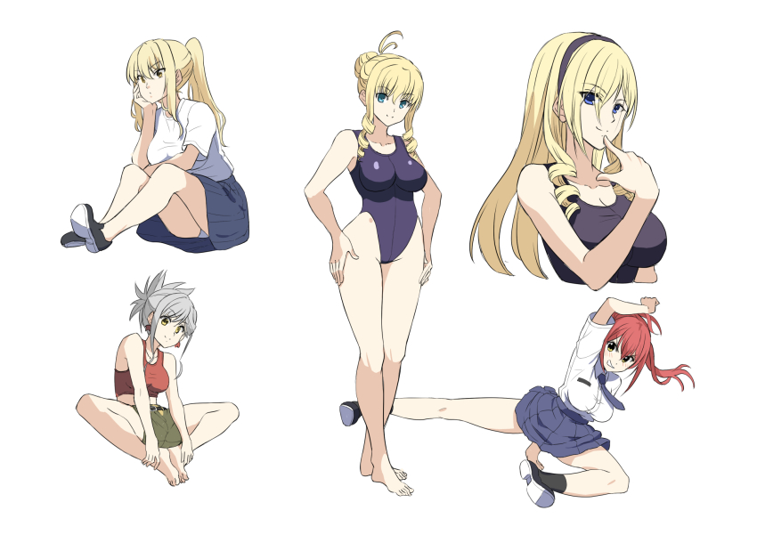 4girls, barefoot, bertille_althusser, black_footwear, black_socks, blue_eyes, blue_one-piece_swimsuit, breasts, brown_shorts, cakuiti, celia_kumani_entory, character_request, cleavage, drill_hair, grey_hair, grey_skirt, hair_bun, hands_on_own_hips, highres, large_breasts, midriff, multiple_girls, multiple_views, one-piece_swimsuit, ponytail, red_hair, school_uniform, shirt, short_sleeves, shorts, sidelocks, sitting, skirt, socks, standing, swimsuit, walkure_romanze, white_background, white_shirt, yellow_eyes