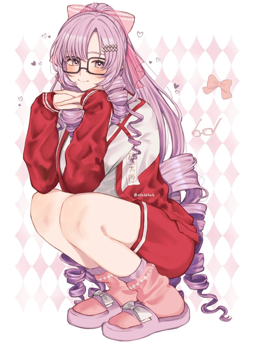 1girl, argyle_background, argyle_clothes, black-framed_eyewear, blush, bow, closed_mouth, clothes_writing