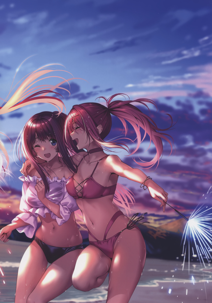2girls, absurdres, bare_shoulders, bikini, blurry, blurry_background, bracelet, breasts