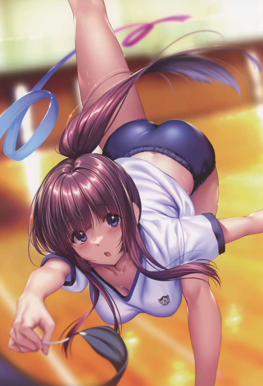1girl, absurdres, ass, blue_eyes, blurry, blurry_background, blush, breasts