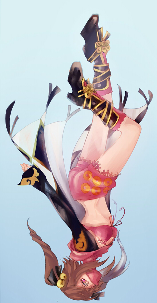 1girl, ass, bikini, bikini_top_only, boots, brown_hair, female_focus, full_body, gradient_background, half_mask, kunoichi_(sengoku_musou), long_hair, mask, midriff, pink_eyes, ponytail, roken_brushwood, scarf, sengoku_musou, sengoku_musou_3, shorts, solo, swimsuit