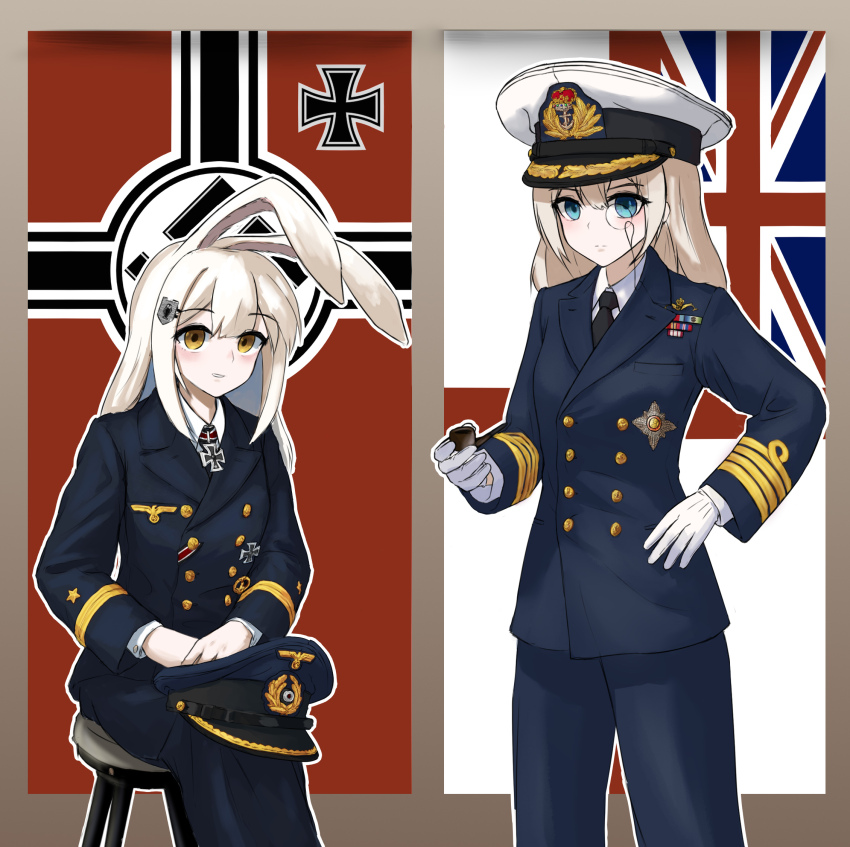 2girls, anchor_symbol, animal_ears, badge, black_headwear, black_necktie, black_ribbon, blonde_hair