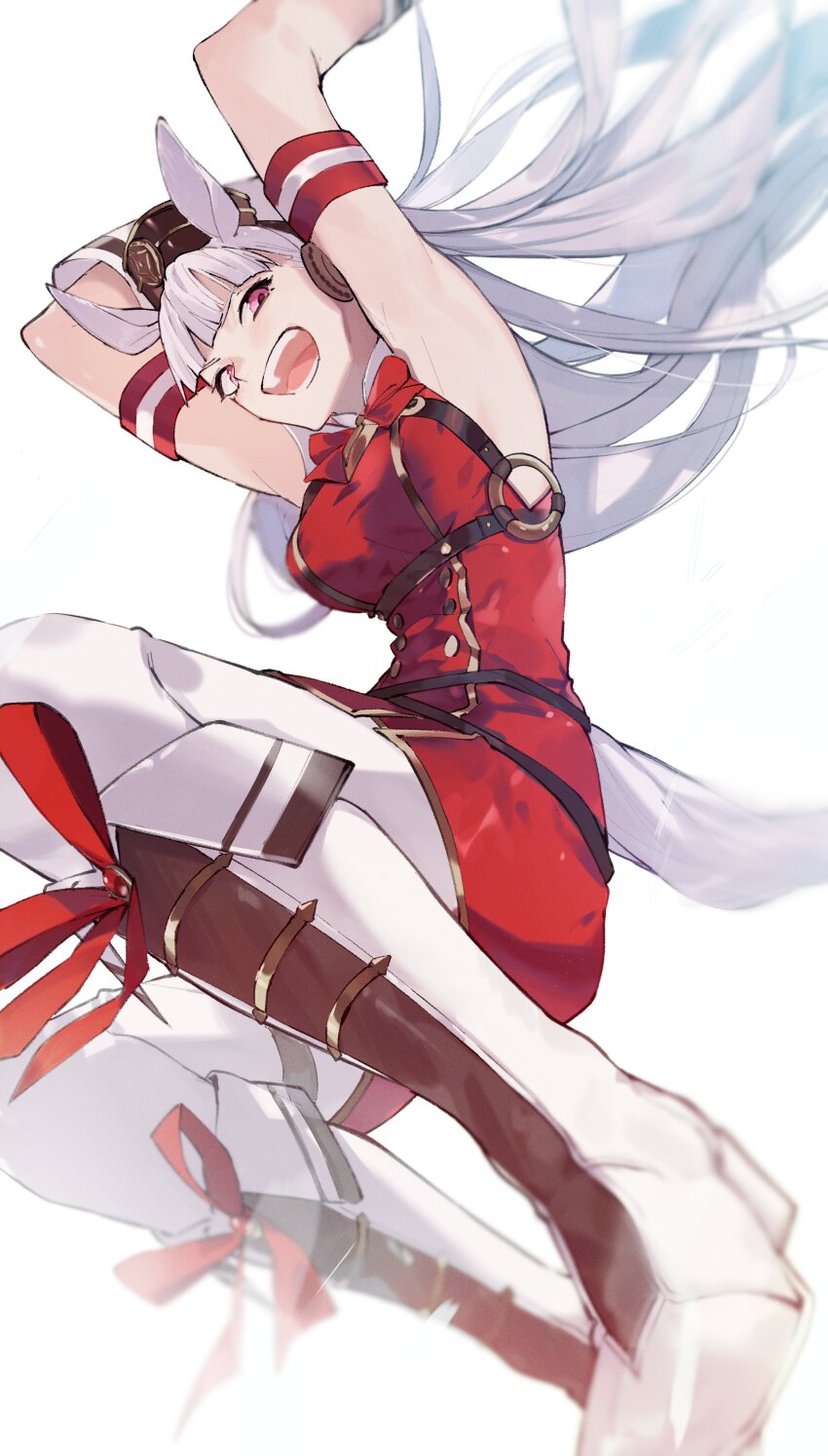 1girl, absurdres, animal_ears, armband, armpits, arms_up, boots, bow