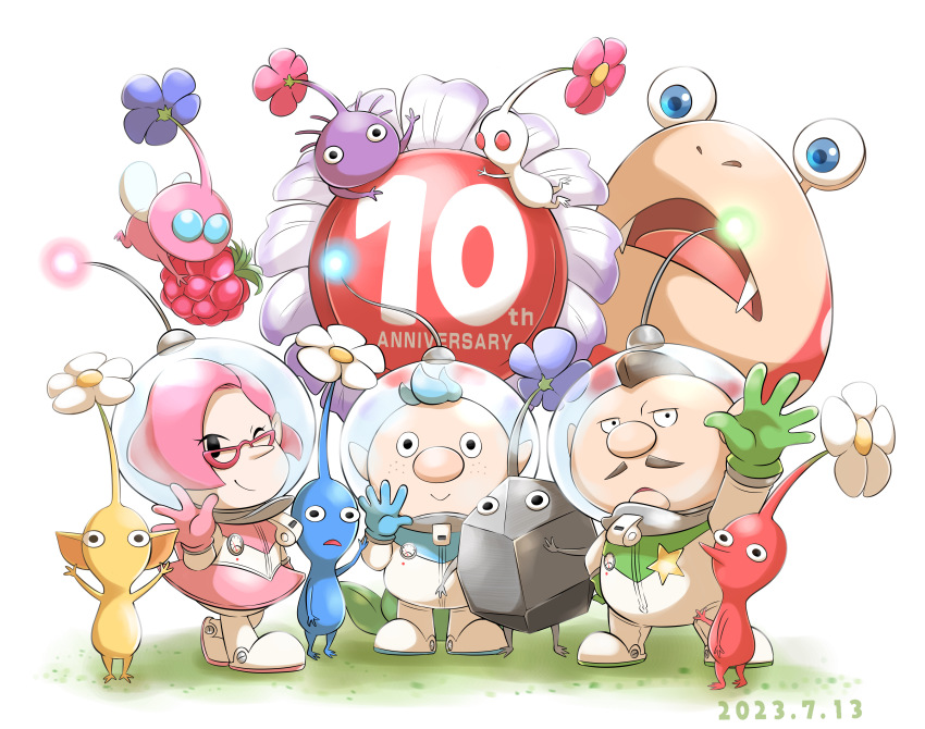 1girl, 2boys, absurdres, alph_(pikmin), anniversary, aogaeru_(pixiv46613656), arm_up, arms_up