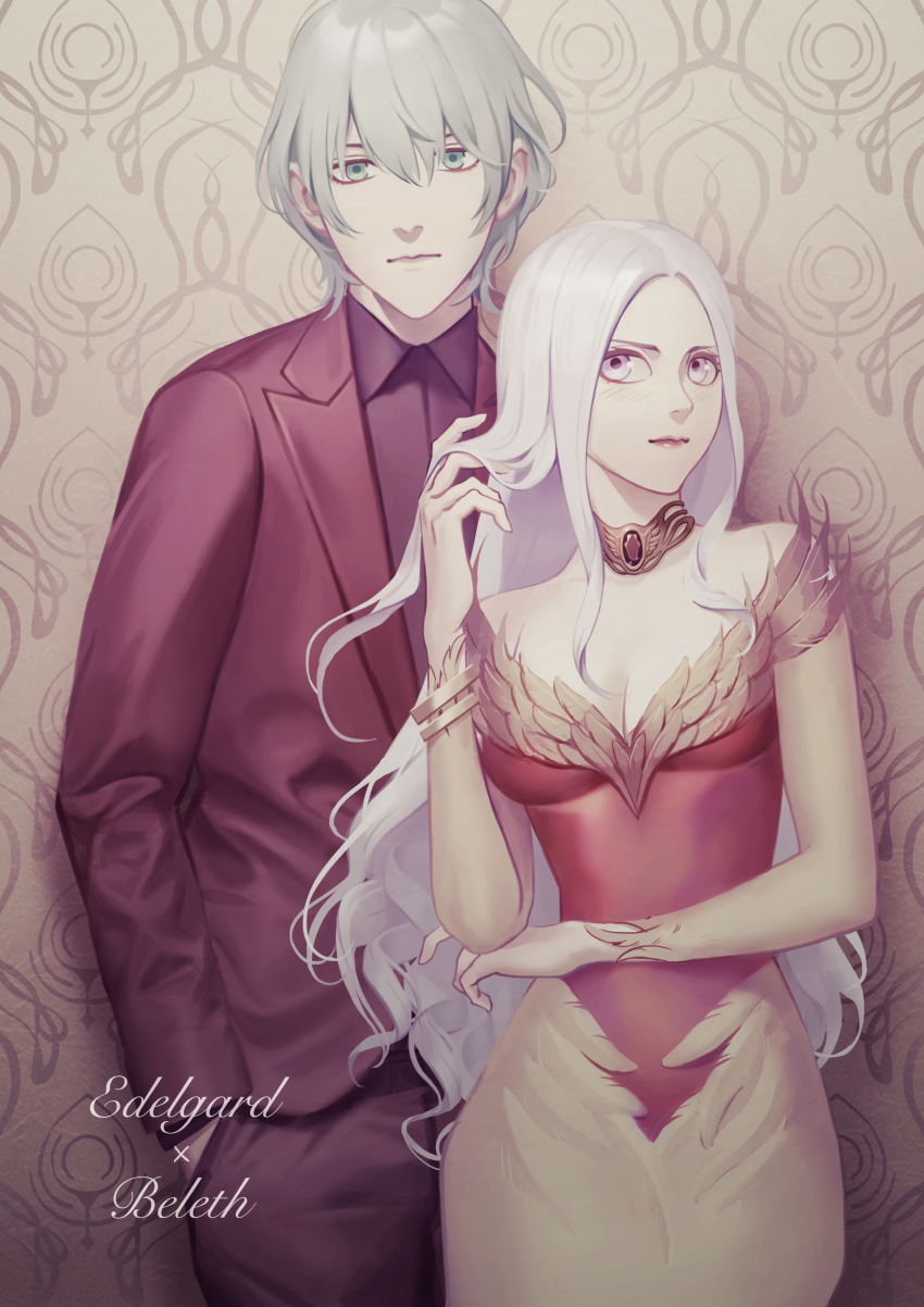 1boy, 1girl, absurdres, breasts, male_byleth_(fire_emblem), character_name, choker, cleavage, commentary_request, contemporary, dress, edelgard_von_hresvelg, fire_emblem, fire_emblem:_three_houses, formal_clothes, green_eyes, green_hair, highres, long_hair, looking_at_viewer, medium_breasts, nintendo, pants, piyosko, purple_eyes, red_dress, red_pants, red_suit, suit, white_hair