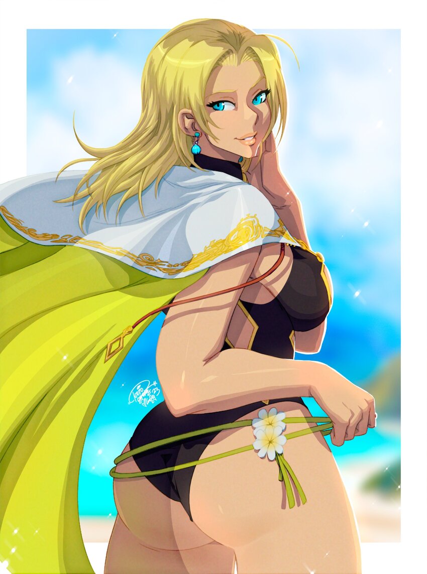 absurdres, ass, beach, blonde_hair, blue_eyes, breasts, cape, earrings