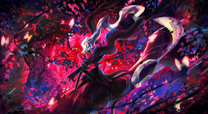 1other, absurdres, claws, darkrai, forest, full_body, full_moon, gen_4_pokemon, highres, irischroma, legendary_pokemon, looking_at_viewer, moon, mythical_pokemon, nature, nintendo, no_humans, pokemon, pokemon_(creature), red_theme, sitting, tree