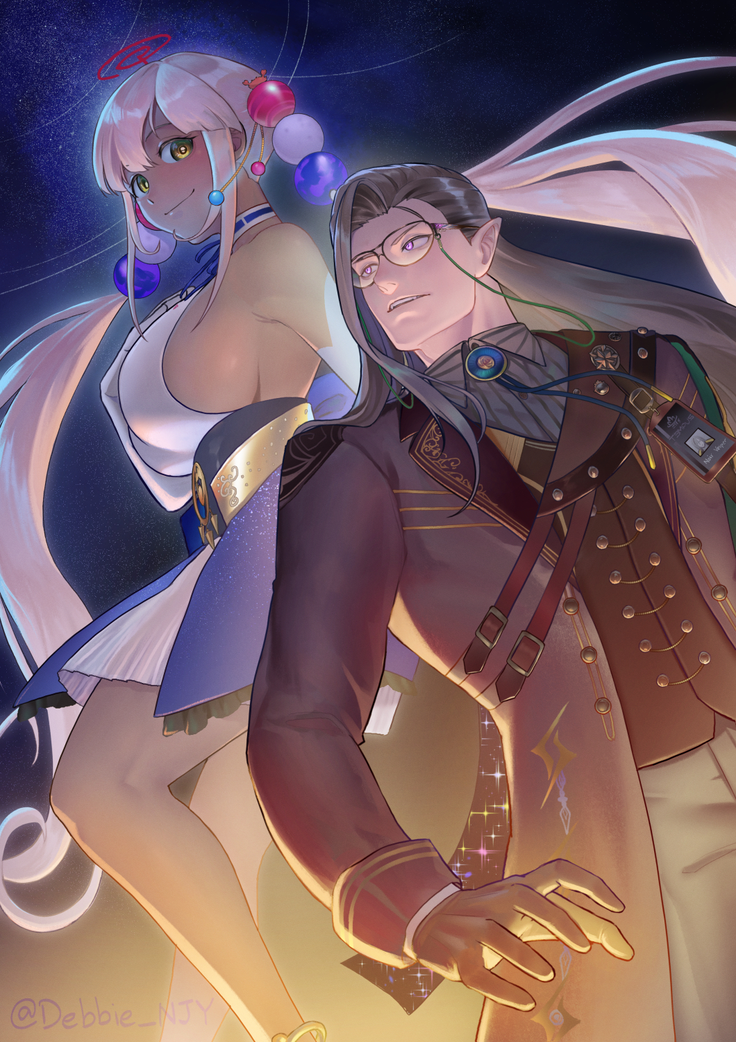 1boy, 1girl, bare_shoulders, black_gloves, black_jacket, blonde_hair, breasts, closed_mouth, dark-skinned_female, dark_skin, debbie_njy, elbow_gloves, glasses, gloves, glowing, glowing_eyes, grey_hair, hair_ornament, highres, hololive, hololive_english, holostars, holostars_english, jacket, large_breasts, leotard, long_hair, long_sleeves, night, noir_vesper, pointy_ears, purple_eyes, sideboob, sky, smile, star_(sky), starry_sky, teeth, tsukumo_sana, twintails, upper_teeth_only, virtual_youtuber, white_gloves, yellow_eyes