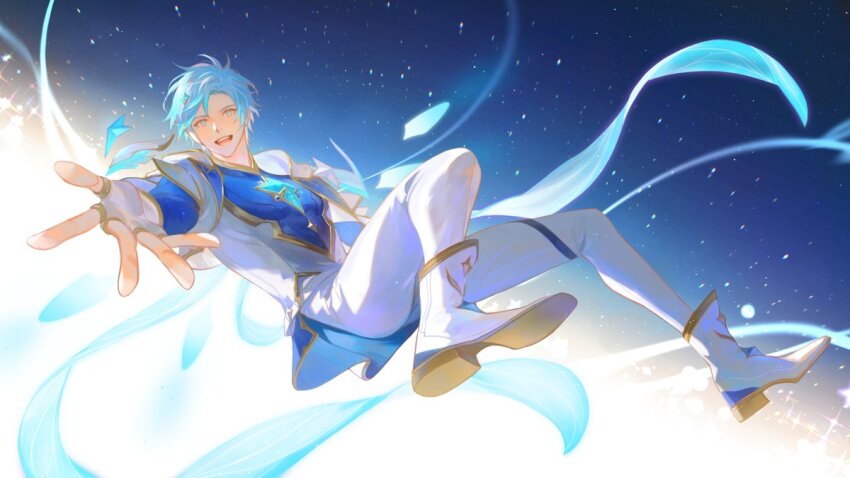 1boy, alternate_costume, blue_hair, blue_sky, blush, fingerless_gloves, flying, full_body