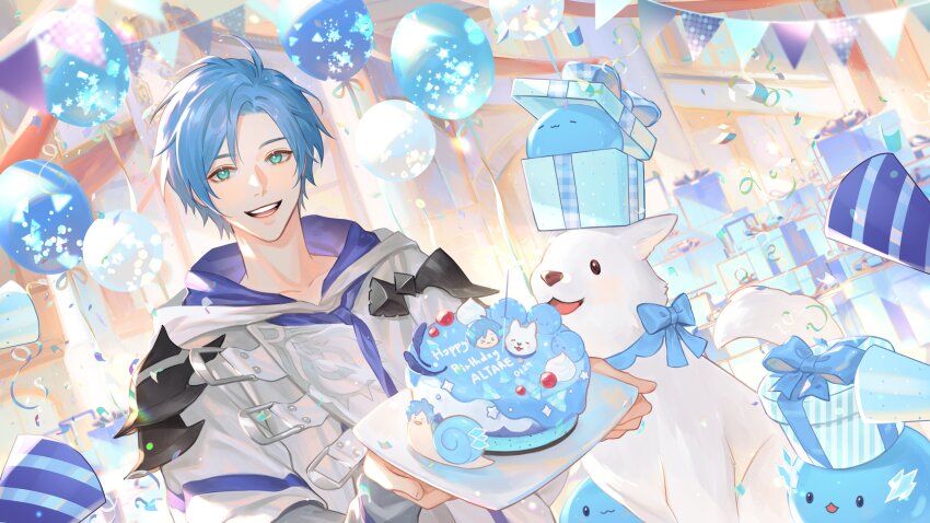 1boy, :3, absurdres, ahoge, altventurer_(regis_altare), balloon, birthday_cake, bishounen
