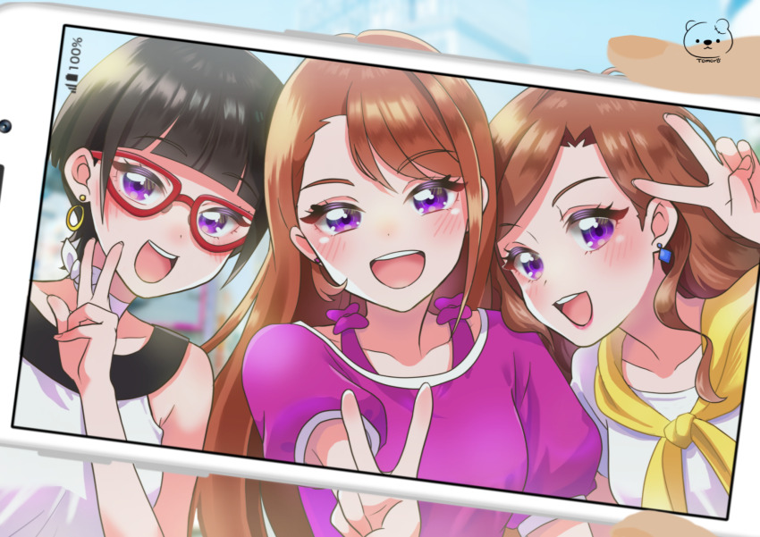 3girls, artist_logo, artist_name, asymmetrical_bangs, black_hair, brown_hair, cellphone_photo, commentary