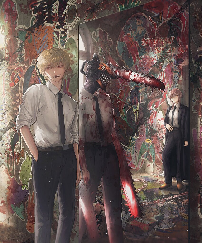 1boy, 1girl, arm_at_side, belt, black_coat, blood, blood_on_clothes, blood_on_hands