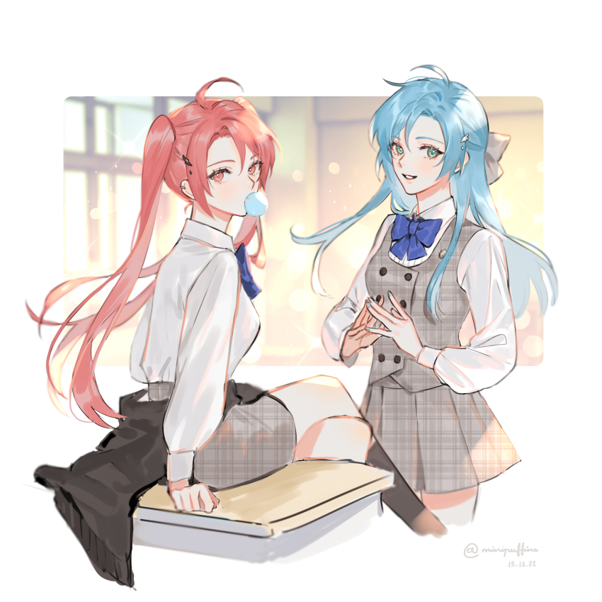 2girls, absurdres, ahoge, blowing_bubble_gum, blowing_bubbles, blue_bow, blue_bowtie, blue_hair