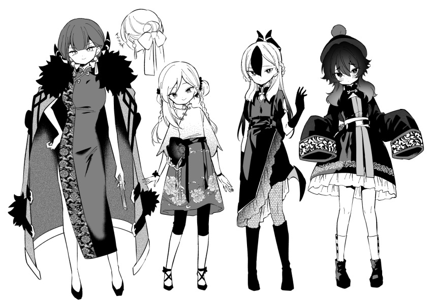 4girls, ankle_boots, aru_(blue_archive), black_hair, blue_archive, blunt_bangs, boots, braid