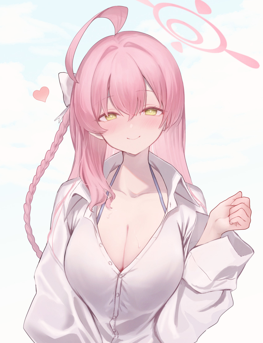 1girl, absurdres, ahoge, bikini, bikini_under_clothes, blue_archive, blue_bikini, blush