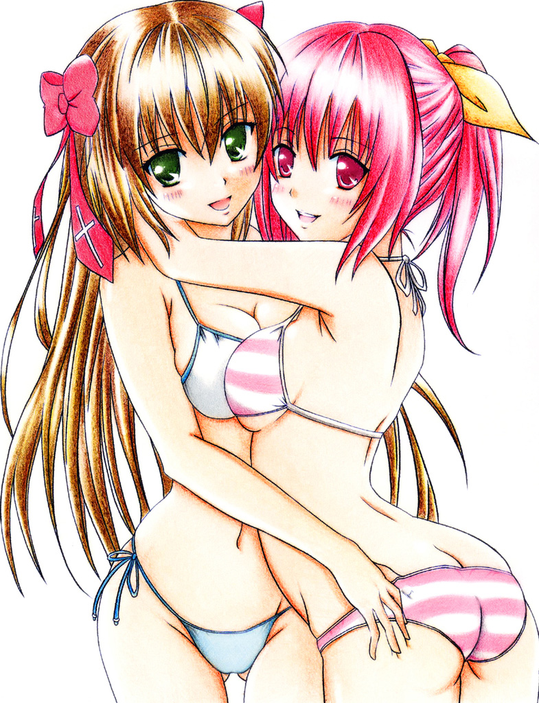 2girls, bikini, blush, bow, breast_press, breasts, butt_crack, cleavage