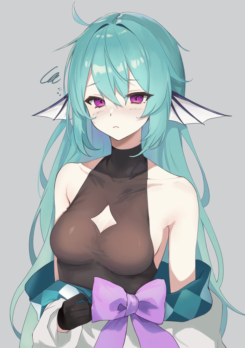 1girl, absurdres, ahoge, black_gloves, bow, breasts, cleavage_cutout, clothing_cutout, finana_ryugu, finana_ryugu_(2nd_costume), fins, genso_(thereisnosauce), gloves, green_hair, hair_down, halterneck, head_fins, highres, japanese_clothes, kimono, long_hair, medium_breasts, nijisanji, nijisanji_en, official_alternate_costume, purple_bow, purple_eyes, sleepy, solo, virtual_youtuber, white_kimono