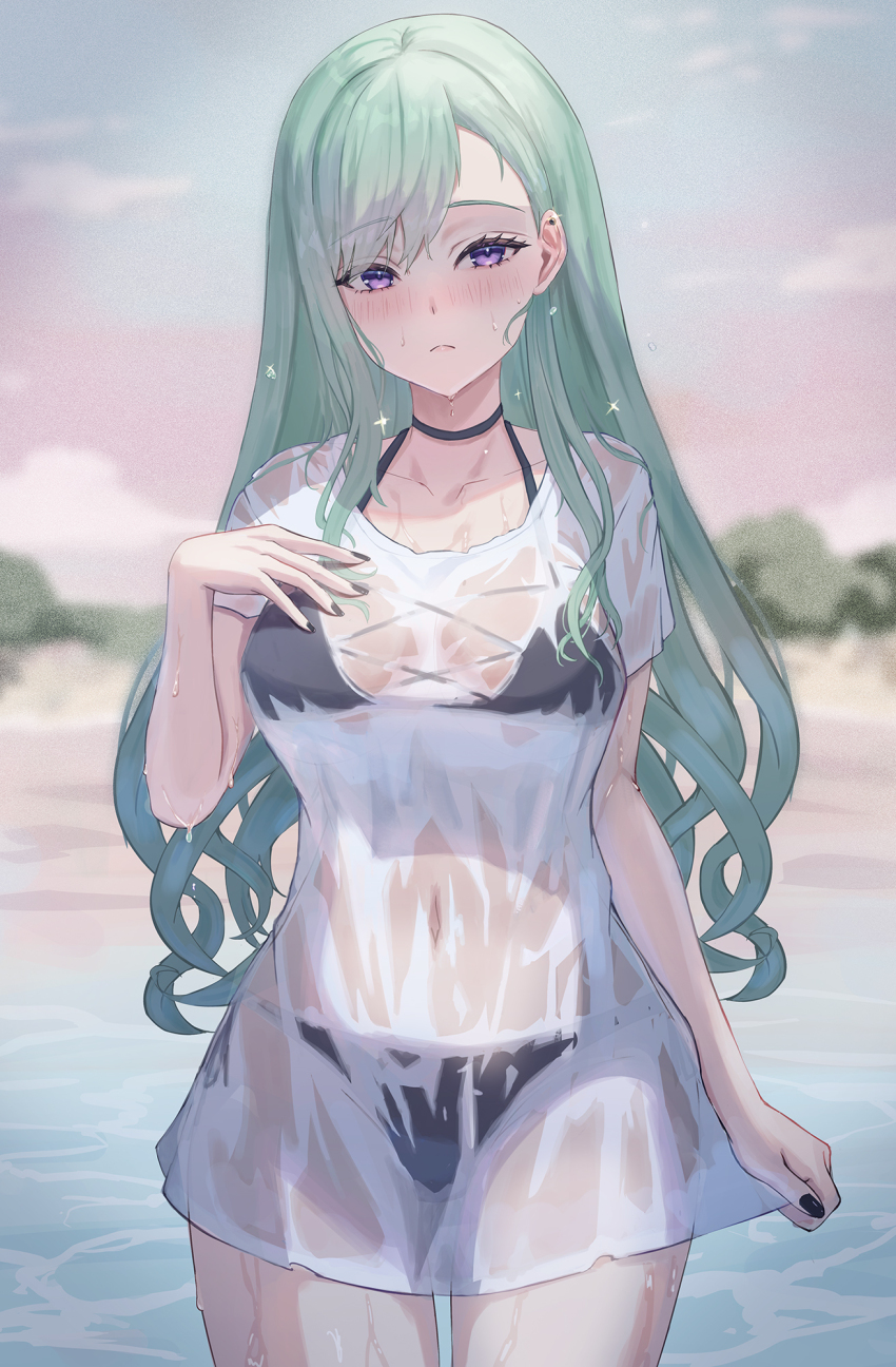 1girl, bikini, bikini_under_clothes, black_bikini, black_choker, black_nails, breasts, choker