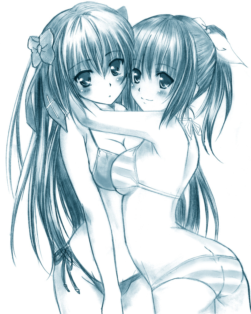 2girls, bikini, blush, bow, breast_press, breasts, butt_crack, cleavage